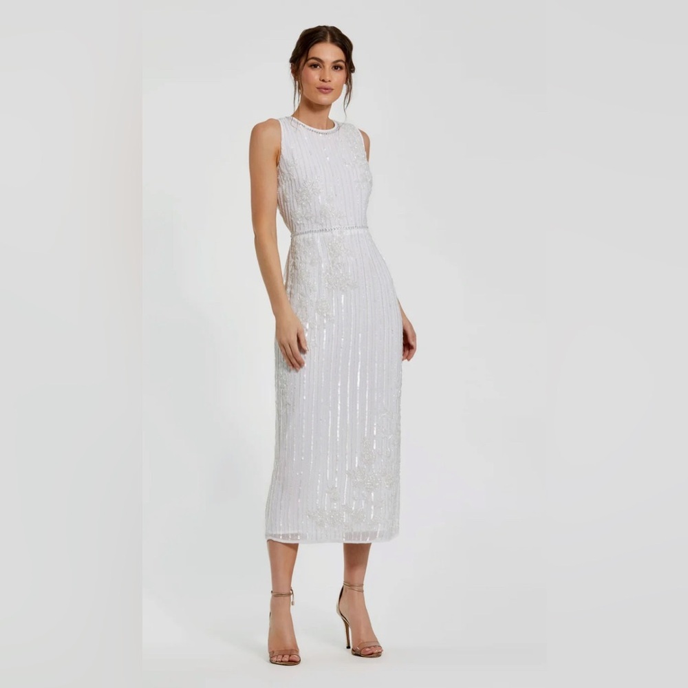 White Striped Floral Embellished Sleeveless Midi Dress